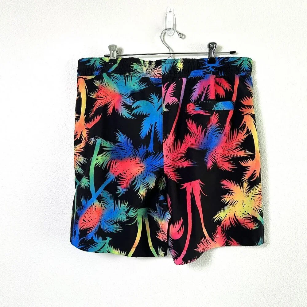 Surf Society Swim Trunks Shorts Mens Size L Black Neon Ombre Palm Floral Pockets